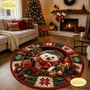 VIKAMA Christmas Round Rug Glowing Reindeer Snowflake Lantern Area Rug Living Room Holiday Home Decor Aesthetic Art Large Cute