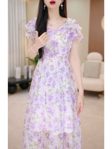 GUBODUO | Floral Print V-Neck Short Sleeve Fitted Dress