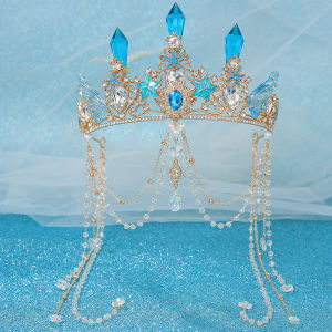 Blue Birthday Princess Style Childrens Crown Hairband Tassel Trim Ancient Chinese Fashion Girls Headwear Hair Accessories