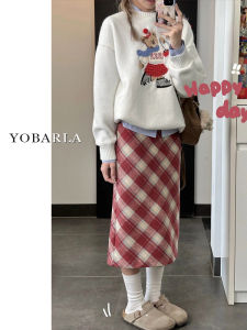 Red Plaid Woolen Mini Skirt Womens High Waist Slimming plus Size Cover Belly Mid-Length A-Line Skirt Commute Korean Style