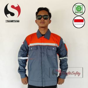 Baju Kemeja Kerja Proyek Werpak Safety K3 Lengan Panjang Wearpack Abu Merah