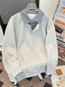 เสื้อโปโลคอปกสีขาวและสีเทาสไตล์อเมริกันย้อนยุคสไตล์ฮ่องกง ทรงหลวม แขนยาว ปกติ ลำลอง คอกลม ผ้าฝ้ายผสม