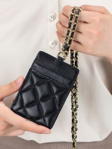 Fashiontaker Business Card Holder Neck Strap Genuine Leather Work ID Card Case Chain Youth Vertical Style OL Function Bag