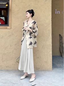 Stylish Elegant 2026 Spring Womens Two-Piece Set French Design Ink Print Top and Skirt