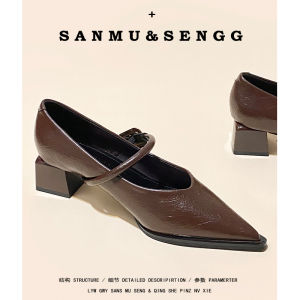 นุ่ม หนัง รองเท้าแมรี่เจนมีหัวเข็มขัด ดีไซน์ ส้นกลางปลายแหลมส้นหนา ผู้หญิง รองเท้าแฟชั่นรองเท้าเดี่ยว สีดำ รองเท้าส้นสูง