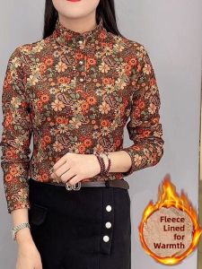 HUAXUNRAN | Winter Warm Floral Long Sleeve Collar Loose Fit Plus Size Womens Top