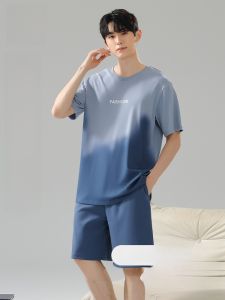 Miiow | Mens Summer Sleepwear Short Sleeve Shorts Pure Cotton Breathable Wearable Home Clothes Set Youth Casual Comfortable Thin Cotton
