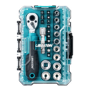 LIBRATON 26PCS 1/4" Dual-Drive Ratchet Wrench Set with Metric Shallow Sockets Screwdriver Bit Set Extension Bar for Auto Repair