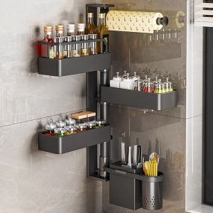 Kitchen Rotating Spice Storage Rack Wall Mounted No Drilling Multi Functional Organizer Shelf Nordic Style Metal 10*9*23CM