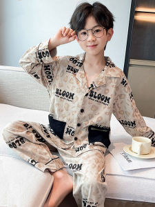 ชุดนอนผ้าฝ้ายแท้สำหรับเด็กชาย ฤดูใบไม้ผลิและฤดูใบไม้ร่วง แขนยาว กระดุม สวมใส่สบาย ชุดอยู่บ้านสำหรับเด็กชาย