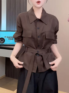 French Elegant Long Sleeve Silk Shirt Womens Waist-Cinching Belted Slimming Versatile Top Autumn New Design Stand Collar Shirt