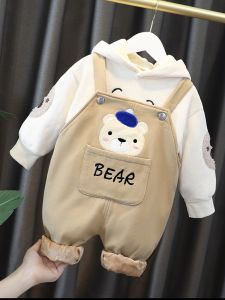 Fleece Lined Winter Outfit for Boys 1-4 Years Old Stylish Children Clothes Korean Style Cotton Blend Fabric Cartoon Pattern