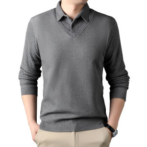 Mens Fleece Lined Thickened Shirt Collar Knitted Sweater Warm Base Layer Business Casual Autumn Winter Middle Aged And Elderly