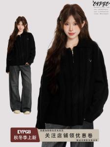 Áo Len Dệt Kim Cổ Tròn Màu Đen Dày Dặn Rộng Rãi Cho Nữ Mùa Thu Đông Áo Khoác Ngoài Mềm Mại Lười Biếng Phong Cách Thường Ngày