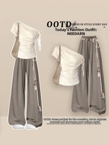 NEEDARNA | Aesthetic Korean Style One-shoulder Short Sleeve T-shirt and Casual Pants Set