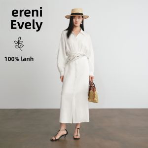Eifini | Đầm Áo Sơ Mi Voan Ép Eo 100% Vải Linen Trắng