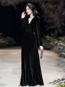 Velvet Evening Dress Womens New Arrival Classy Chorus Conductor Light Luxury Minority Fancy Annual Meeting Plus Size Black Dress