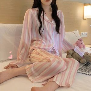 Women Pajamas Long Sleeved Trousers Pink Blue Striped Milk Silk Girl Sweet Lapel Cardigan Korean Casual Nightwear Home Wear