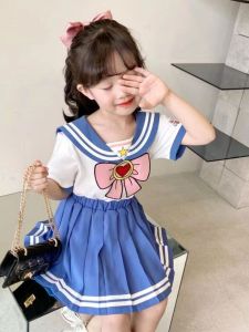 Cute Girls Summer School Uniform Skirt Set Korean Style Pleated Mini Dress Two-Piece Outfit Cotton Material Photography Props