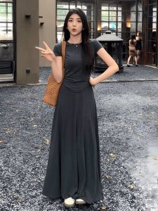 Casual A-Line Midi Skirt Set Women Loose High Waist Modal Long Skirt Backless Short Sleeve T-Shirt Two-Piece Set Commute Style Pure Color