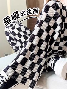 Quần Ống Rộng Bằng Lụa Băng Cỡ Lớn Cho Nữ Mùa Hè Cạp Cao Quần Dài Thường Ngày Thoáng Khí Chống Nắng Họa Tiết Bàn Cờ