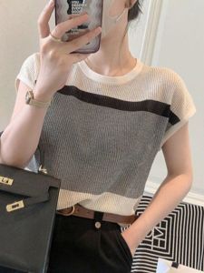 Contrast Color Stylish Short Sleeve T-Shirt Womens Summer New Arrival Niche Style Casual Easiest for Match round Neck Knitting T-shirt Top