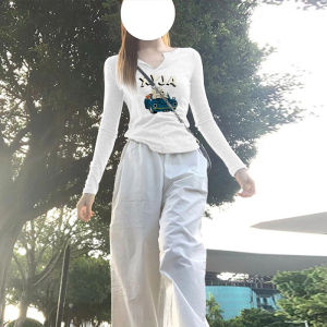 เสื้อยืดคอกลมแขนยาวทรงสลิมฟิตสำหรับผู้หญิง ดีไซน์สีเทา ลายแมว ทรงเข้ารูป เสื้อเชิ้ตแฟชั่นฤดูใบไม้ร่วง