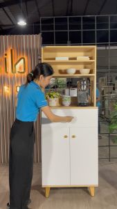 Tủ Gỗ Để Đồ Nhà Bếp Đơn Giản Hiện Đại Màu Trắng Phối Vân Gỗ Sồi SIB Decor KG24