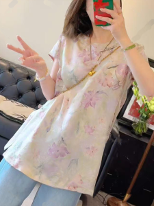 Shalldoer | New Chinese Style Floral Print Sun Protection Shirt Womens Artistic Summer Vintage Design Top Casual Loose Fit Round Neck Short Sleeve