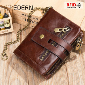 EDERN Retro Genuine Leather Wallet for Men RFID Blocking Anti-Theft Chain Wallet Bifold Short Wallets Cowhide Coin Purse Card Holder