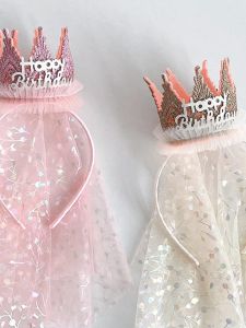 มงกุฎชุดแต่งงานน่ารักสำหรับเด็กผู้หญิง เครื่องประดับผมวันเกิด วัสดุผ้าฝ้าย ตกแต่งด้วยผ้าตาข่ายและขนสัตว์ กล่องของขวัญปี 2024