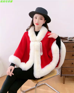 Wedding Shawl Chinese Style Autumn Winter Fleece Lined Pure Color Soft Fairy Artistic Outerwear for Women with Fur Collar