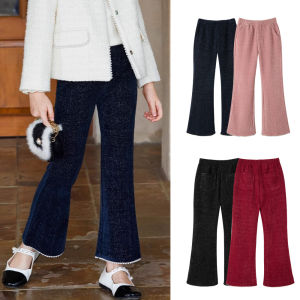 Rolanko Girls Bell Bottom Chenille Silver Threaded Flare Pants with Pearls Sparkly Corduroy Flare Trousers for Kids 5-12Years