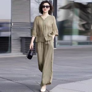Ice Silk Cotton Linen Set Women Summer New Thin Casual Loose Mid-Year Mom V-Neck Top Wide Leg Pants Two-Piece Set
