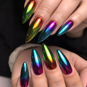 Medium Long Fake Nails for Women Girls Holographic Plated Gradient Blue Green Purple Square Almond Tips Press On False Nail Art