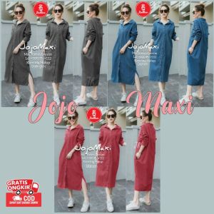 Tunik Wanita Kerah Katun Denim Baju Casual Kancing Terbaru Korean Style Jojo Maxi Grey - XELLEA