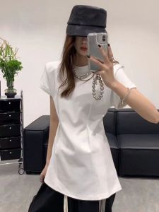 White Short-Sleeved Pure Cotton T-shirt for Women Summer Fancy Pure Color Cotton Mid Length Long Length Cover Cinched Slimming Pullover Women