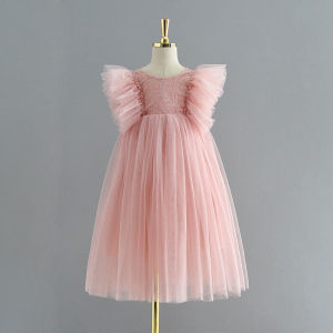 Summer Baby Girl Flower Dress Round Collar Beige Pink Flare Sleeves Princess Dresses Party Wedding Formal Clothes E90130