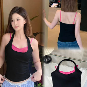 Sweet And Spicy Girl Neck Hanging Vest Womens Spring Summer Outerwear Pure Color Fake Two-Piece Strapless Crop Top
