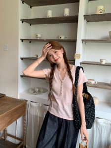 imimtuan | Áo Blouse Dáng Rộng Cổ Đính Nút Tay Ngắn Thời Trang