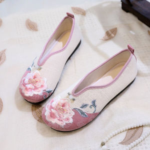 รองเท้าแตะผ้าลินินฤดูใบไม้ผลิและฤดูใบไม้ร่วง รองเท้าเต้นรำแบบสวมหัวกลม พื้นนุ่ม รองเท้าผู้หญิง รองเท้าแตะแบบสวม สไตล์ย้อนยุค รองเท้าแตะแบบสวม