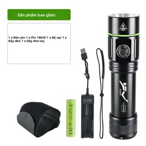 Đèn Pin Lặn Chuyên Nghiệp Chống Nước IPX8 Có Thể Sạc Lại Đèn Pin Dưới Nước 50m Đèn Lồng Lặn Biển Hợp Kim Nhôm Màu Đen Chế Độ Cao/thấp
