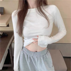 Early Spring Shoulder White Khaki Waist Long Sleeves T-Shirt Womens Inner Wear Fall and Winter Design Print Dralon Thickened Bottoming Shirt