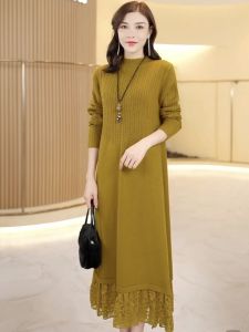 Autumn Winter Womens Woolen Dress Mid-Length Lace Cashmere Knitted Loose Base Layer Knee-Over Dress A-Line Long Sleeve