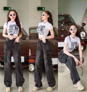 (S-6XL) กางเกงยีนส์ขากระบอก เอวสูง ดีเทลกระเป๋าเยอะจุกๆใช้งานได้จริง เท่ๆไม่ซ้ำใคร