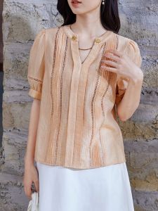 WANGGONGZHU | เสื้อเชิ้ตผ้าชีฟองไหมคอวี ทรงหลวม สไตล์เกาหลี แขนพอง ปกโปโล สีพื้น แขนสั้น สำหรับผู้หญิง