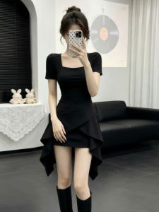 SENWA | Hepburn Style French Black Square Neck Asymmetrical Mini Dress