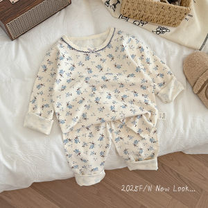 ชุดนอนเด็กผ้าฝ้ายผสม Lycra คอกลมแขนยาว อบอุ่น ใส่สบาย สำหรับเด็กชายและเด็กหญิง เสื้อผ้าในบ้าน ชุดนอนเด็ก