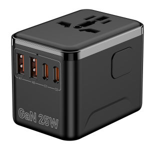 25W GaN 4-Port Fast Charger (2 USB-C 2 USB-A) All-in-One International Travel Adapter with EU UK US AU Worldwide Plugs