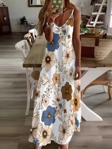 Printed Design Four Seasons casual style Floral Pattern With Blue And Brown Flowers V-neck sling dress